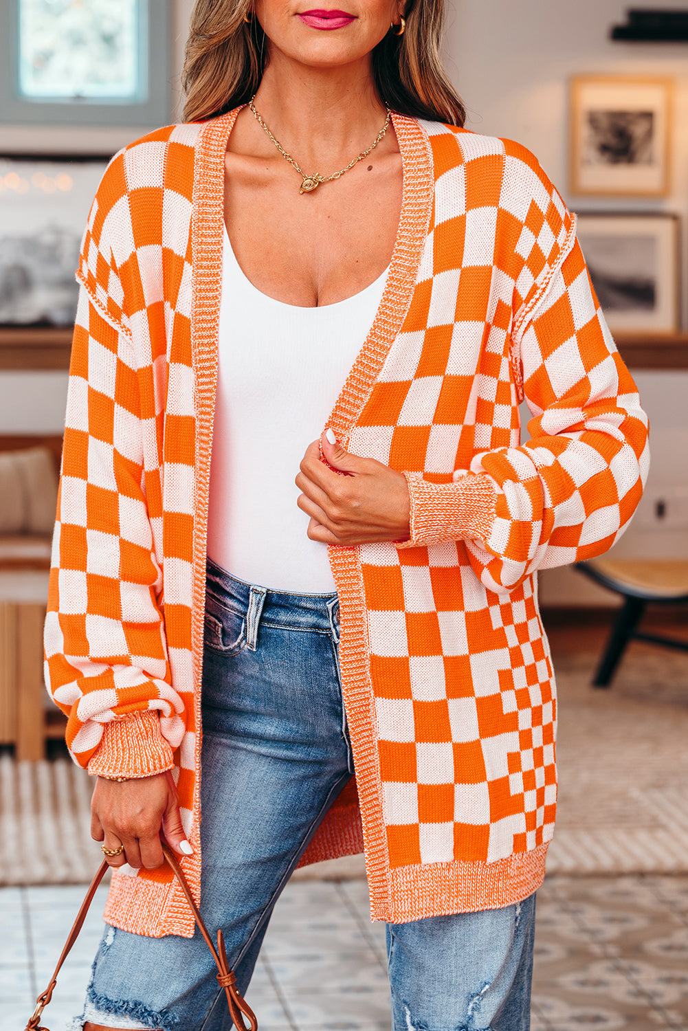 Orange Checkered Cardigan