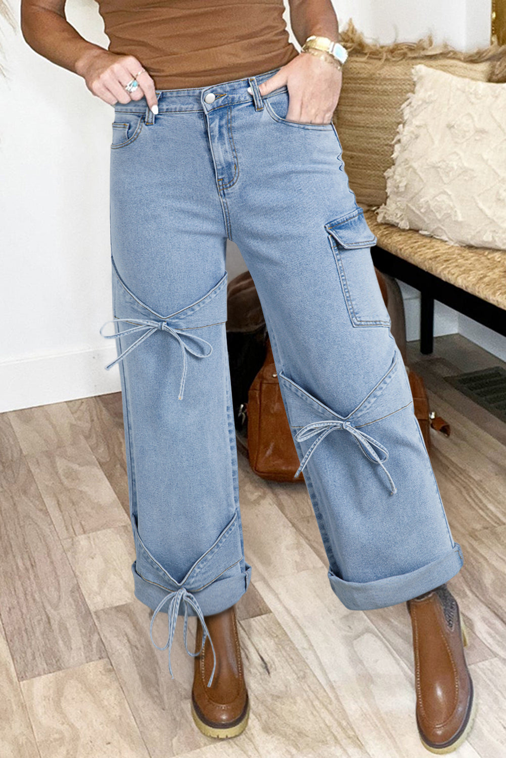 Blue Bowknot Cargo Jeans