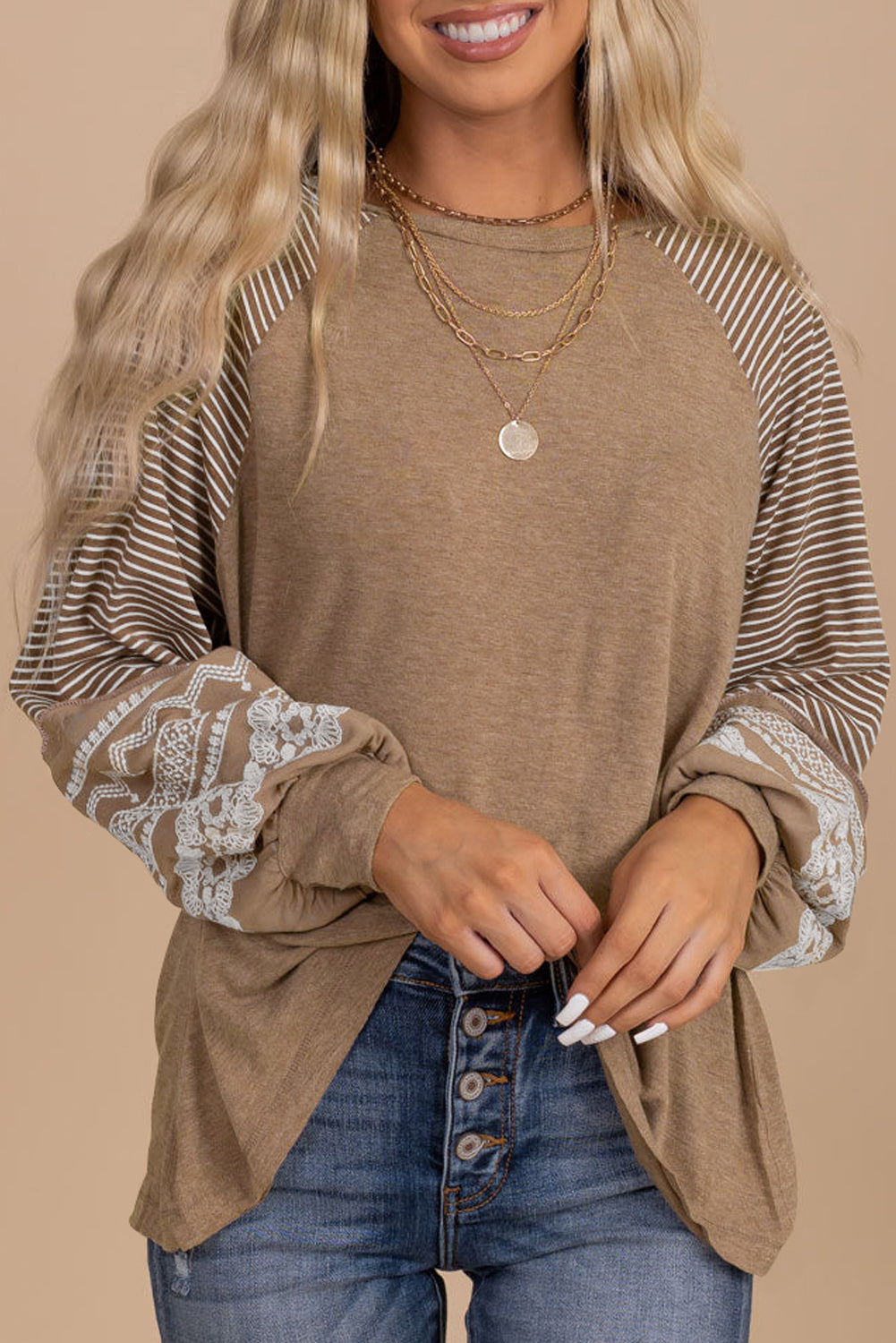 Beige Floral Striped Long Sleeve Top