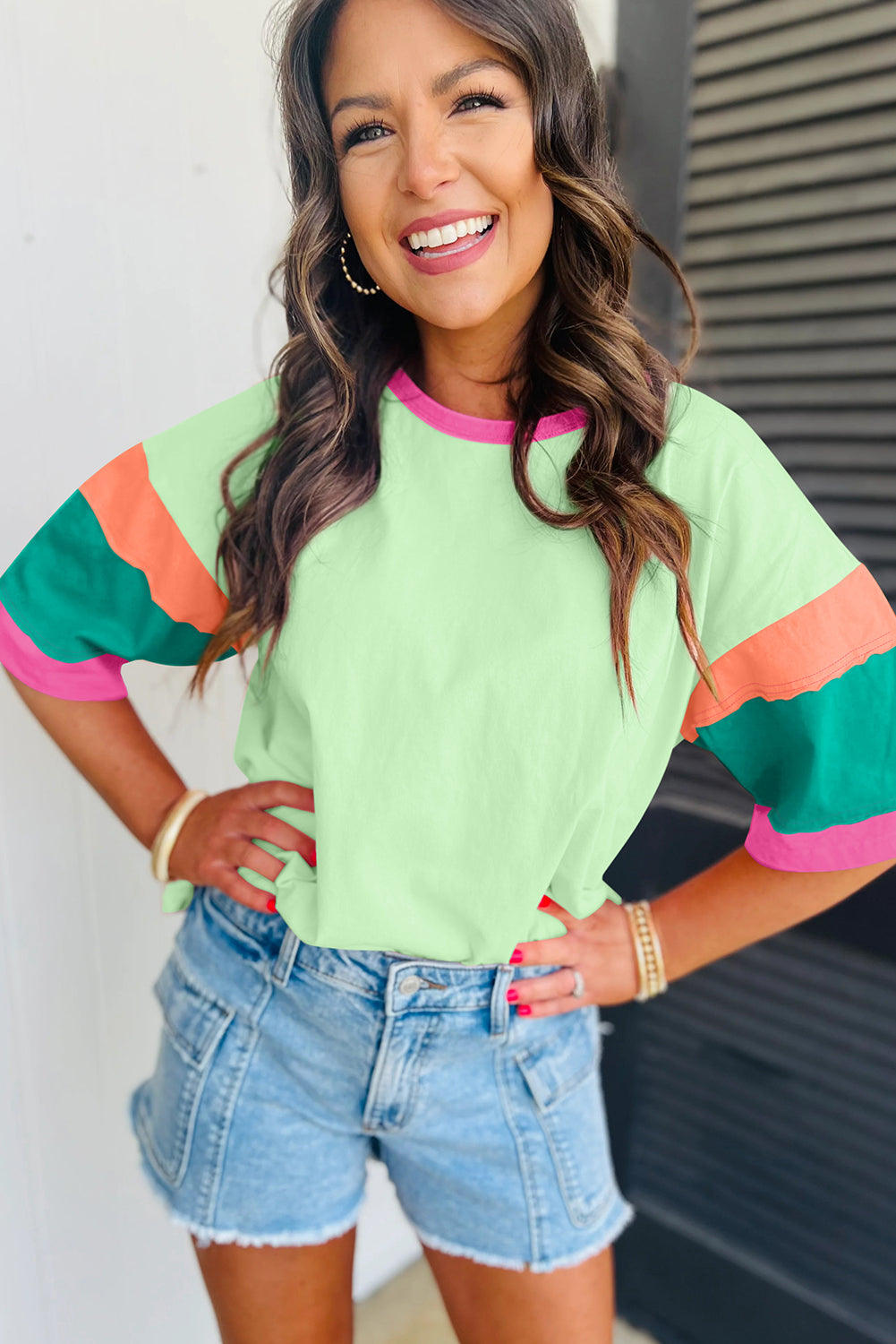 Green Color Block Oversize Top
