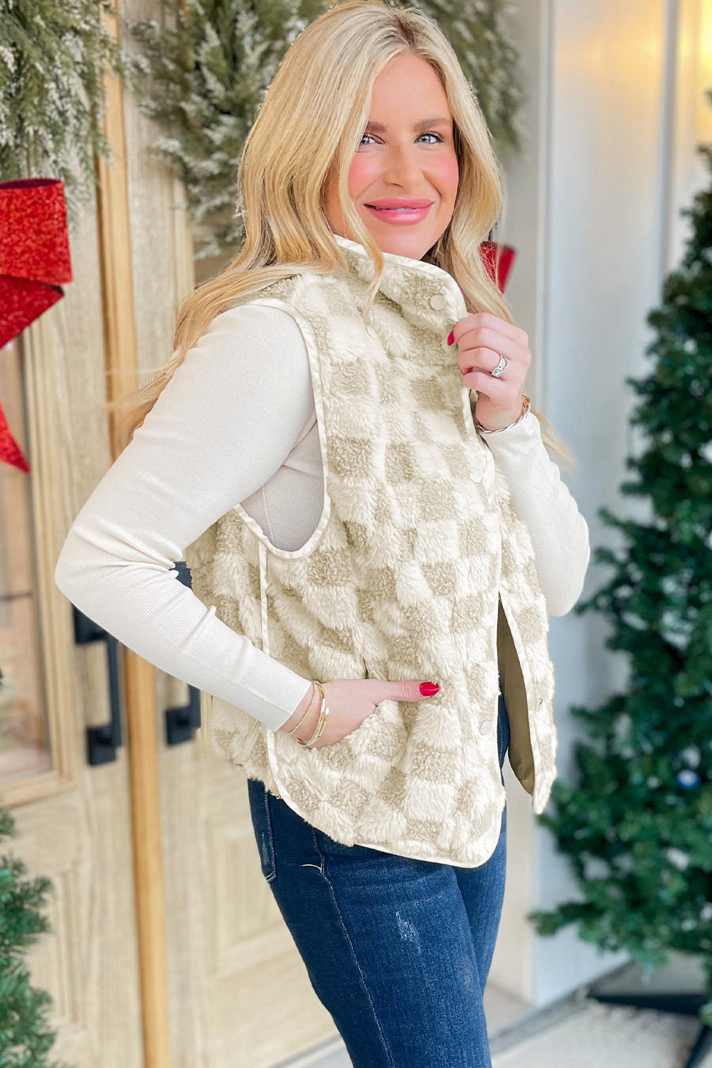 Khaki Sherpa Vest Jacket With Pocket