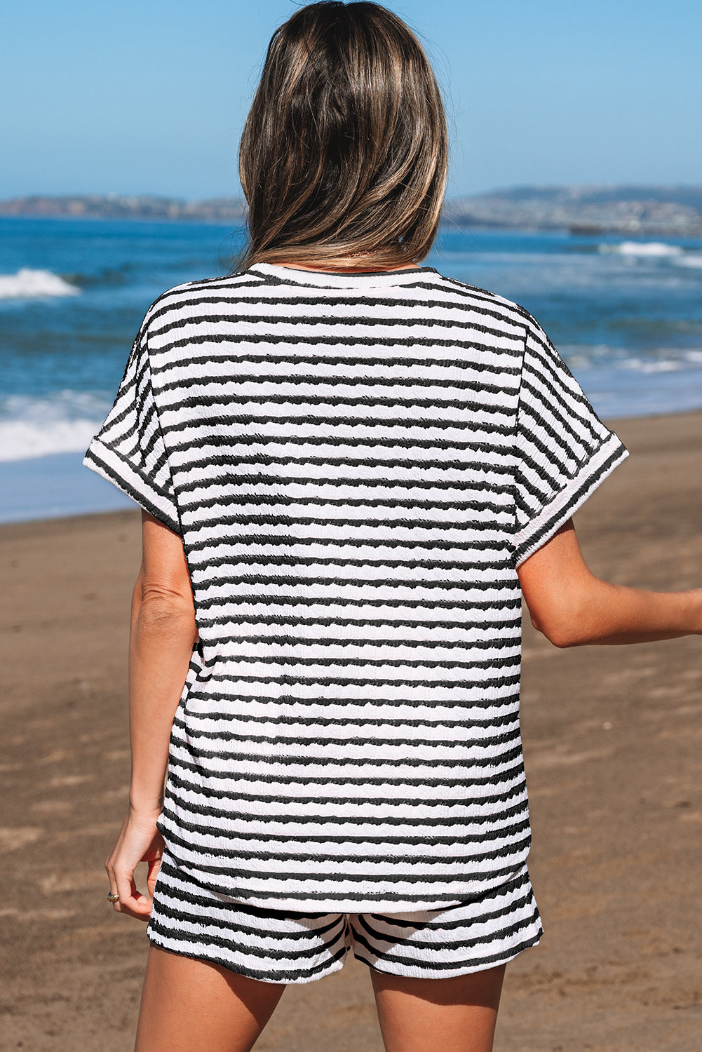 Black Stripe Top and Drawstring Shorts Set