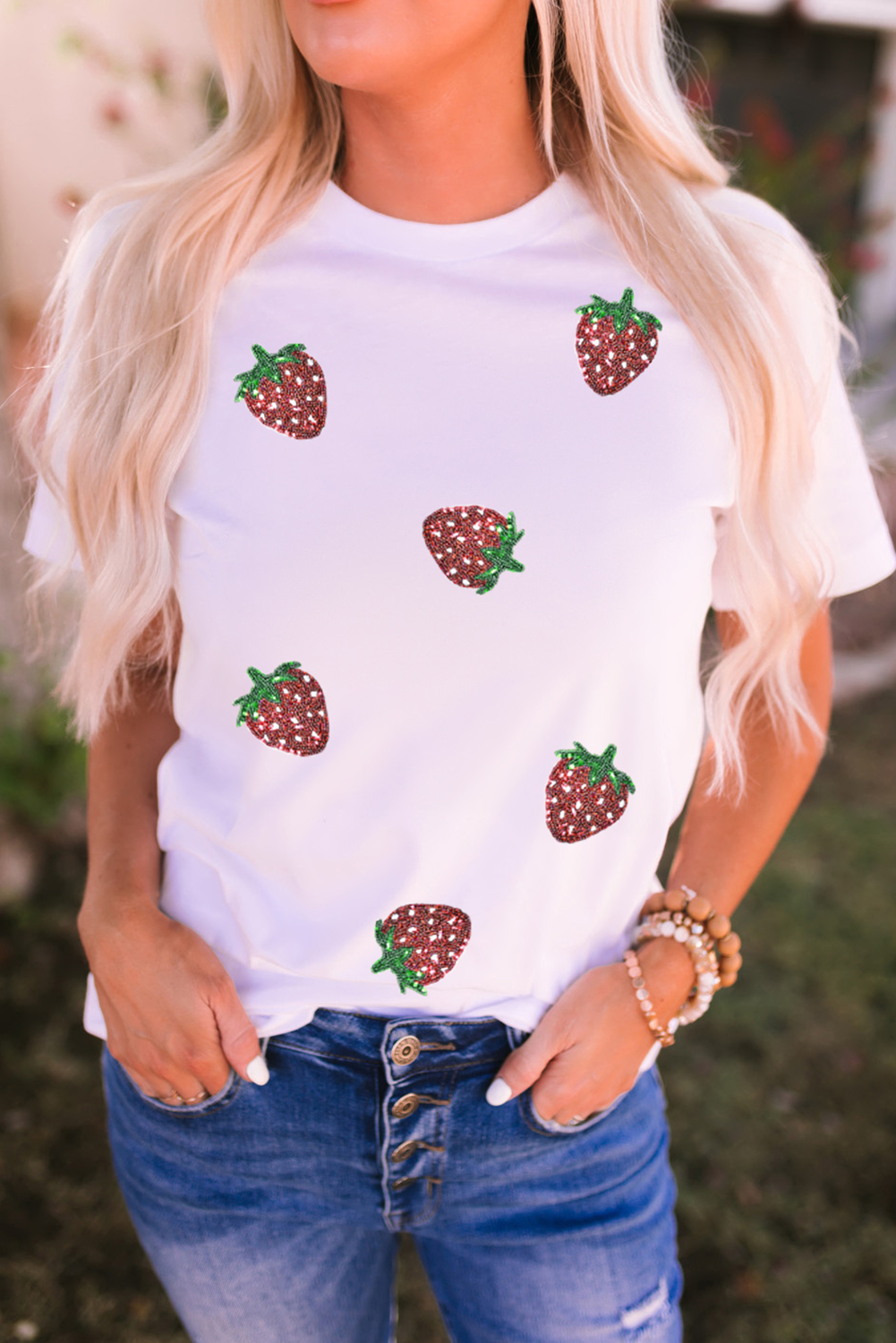 White Sequin Strawberry Tee