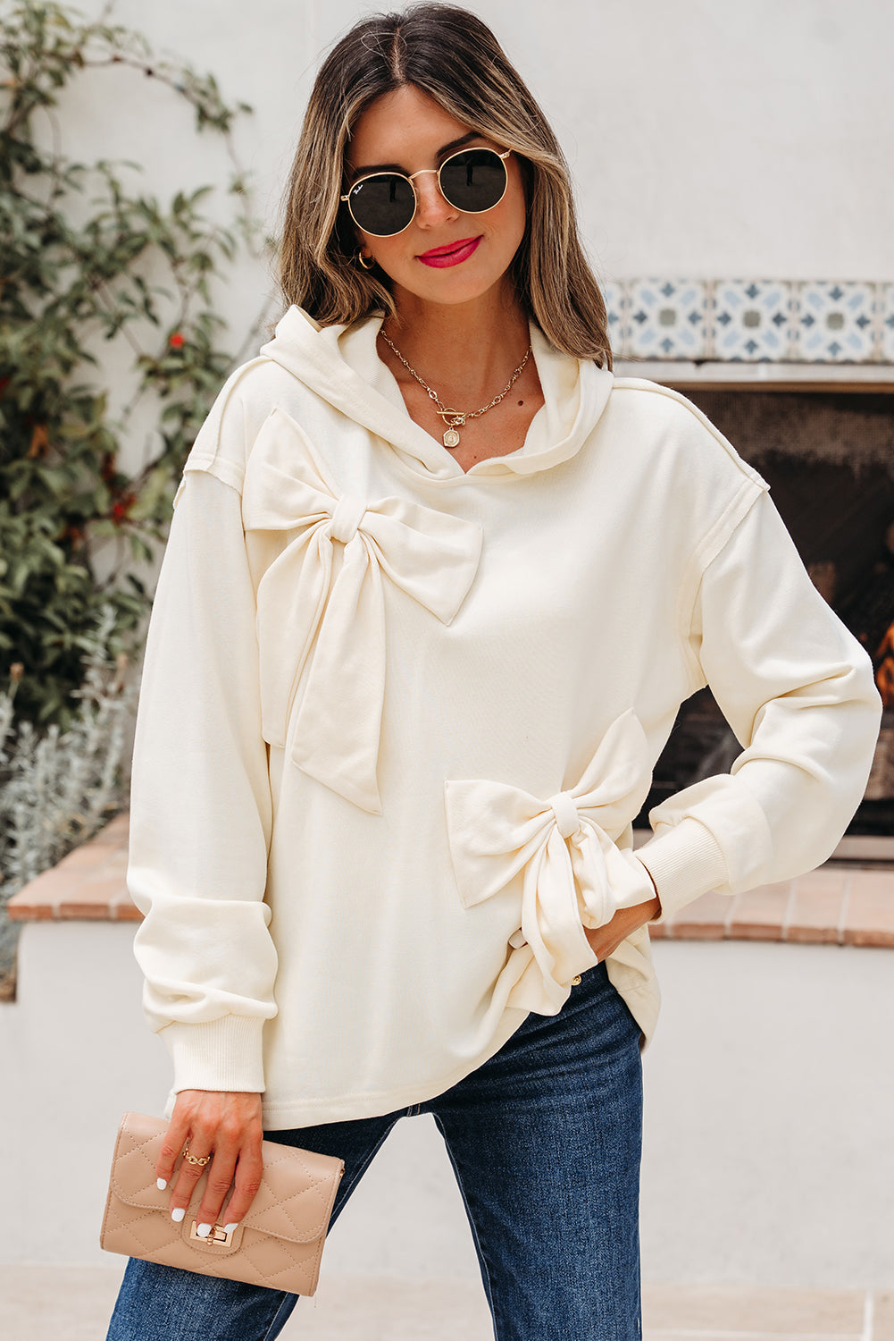 White Bow Detail Loose Hoodie