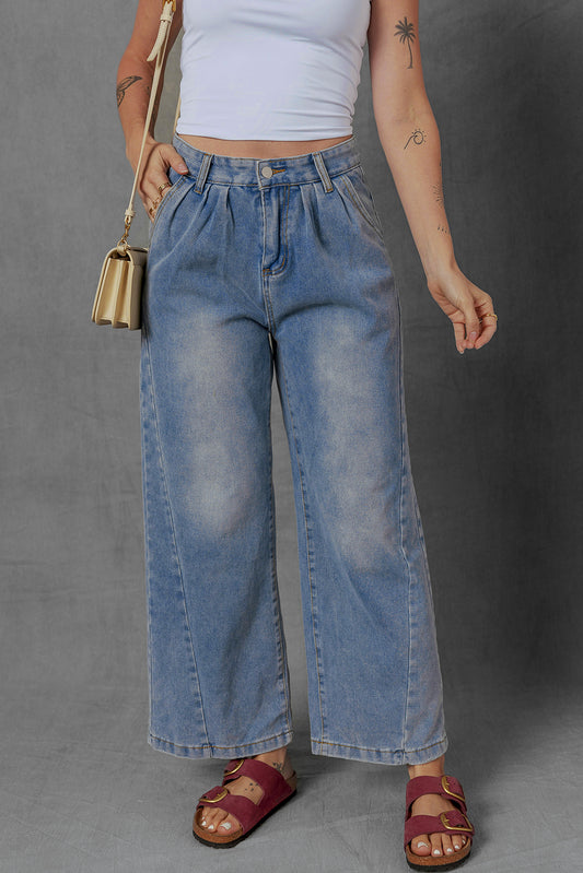 Blue Washed Pleated Wide Leg Jeans