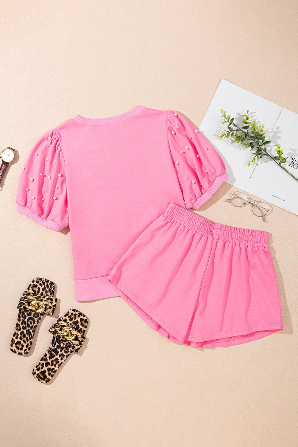 Pink Contrast Bow Trim Pearl Set
