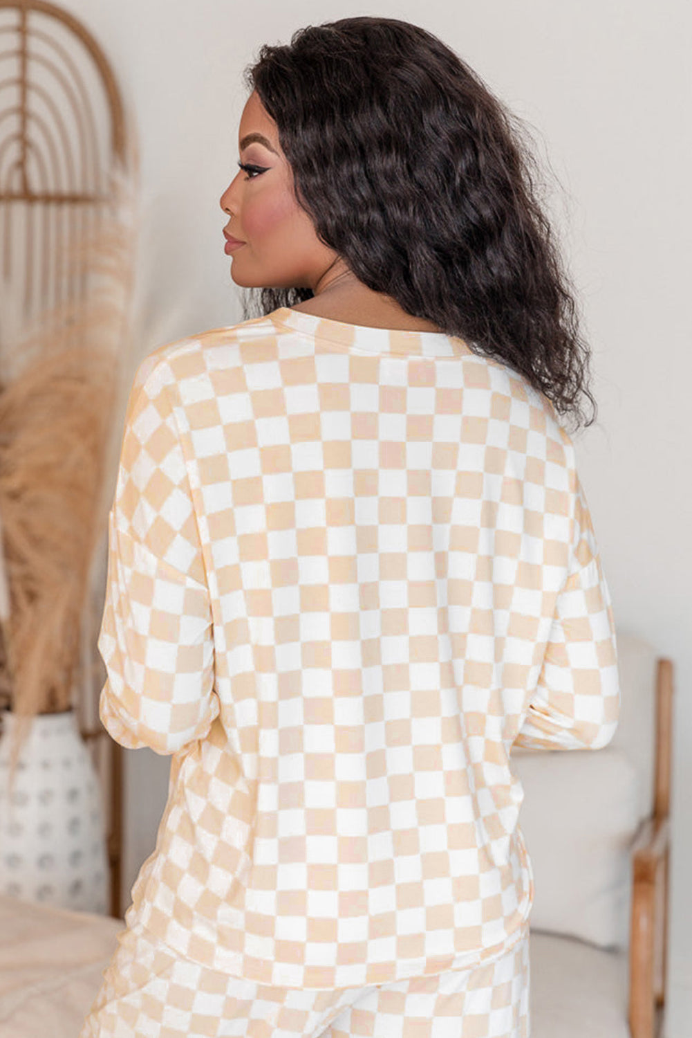 Beige Checkered Print Lounge Set