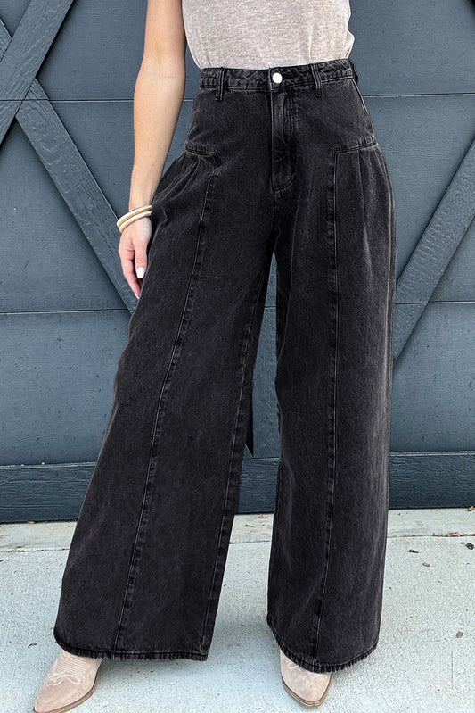 Dark Grey Pleated Wide Leg Denim Pants