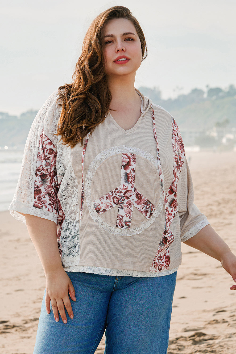 Khaki Floral Peace Sign Hooded Top