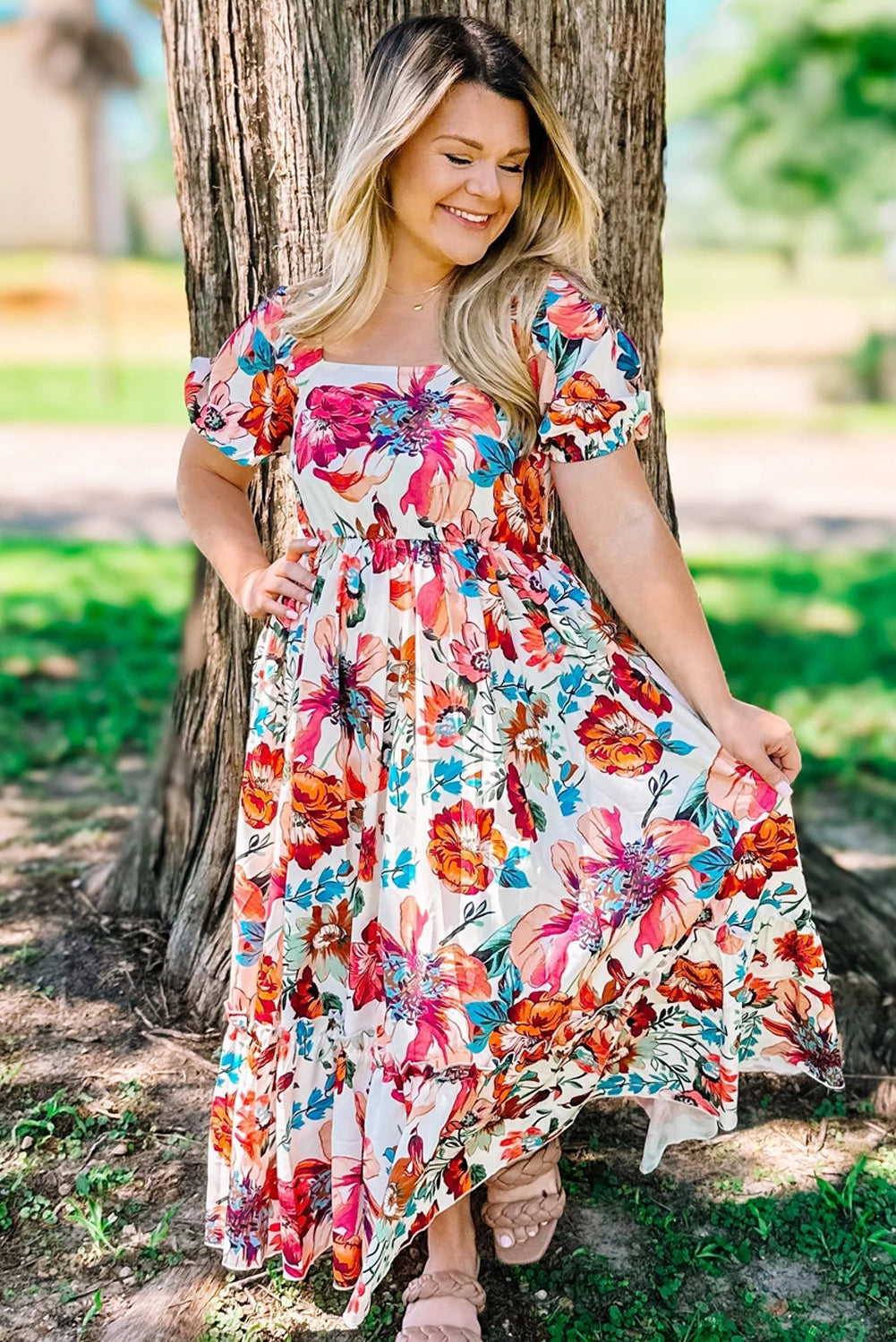 White Floral Flowy Midi Dress