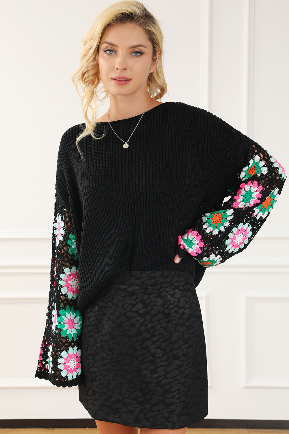 Black Floral Crochet Sweater Top