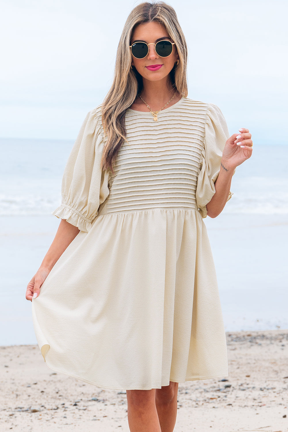 White Textured Ruffled Dress