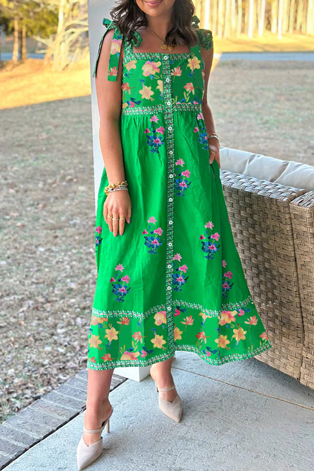 Green Floral Print Midi Dress