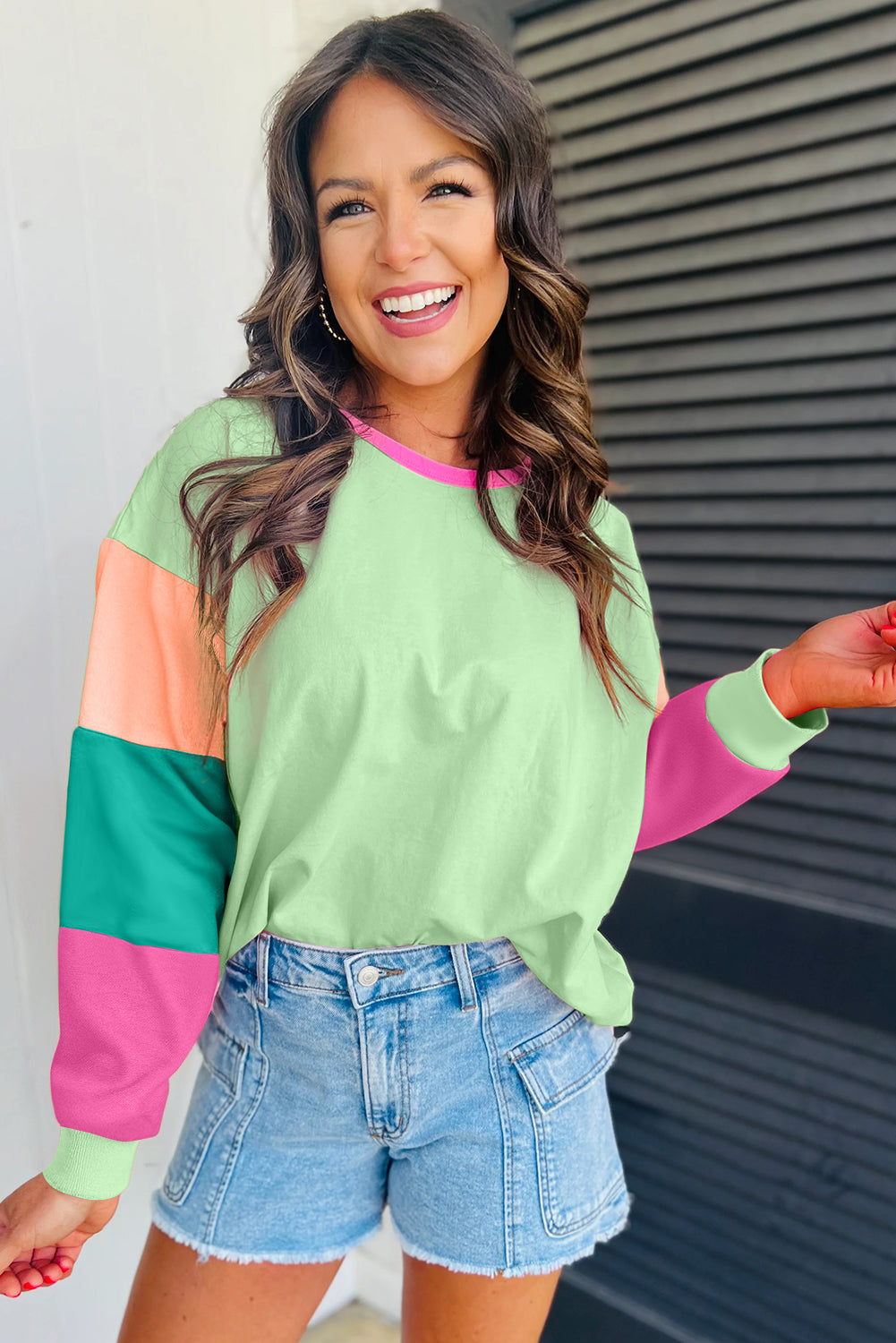 Green Colorblock Long Sleeve  Top