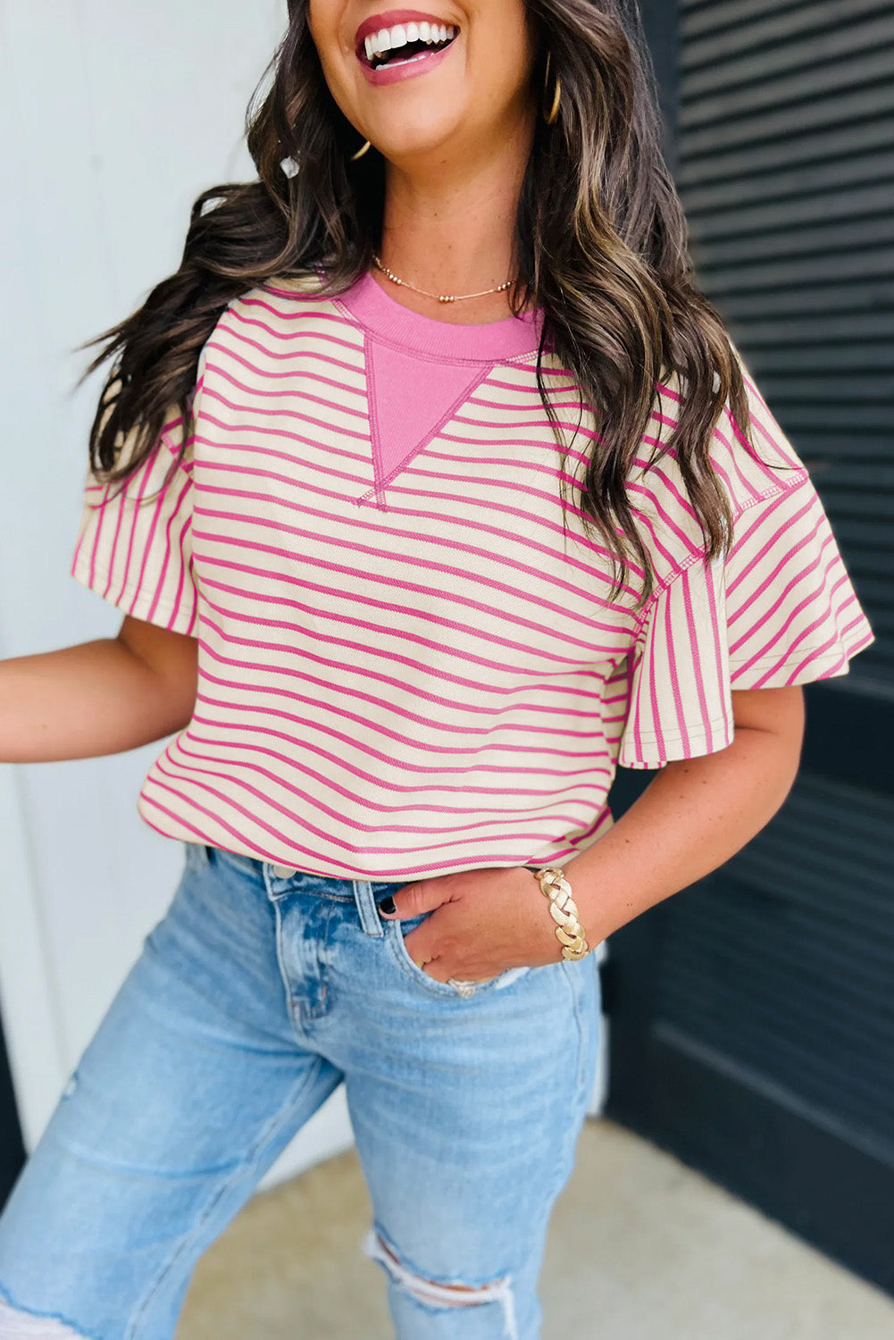 Sachet Pink Striped Ruffle Top
