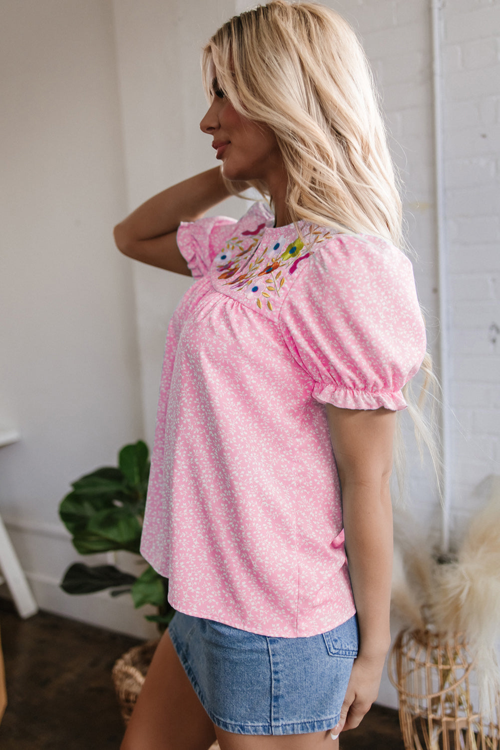 Pink Floral Embroidered Blouse