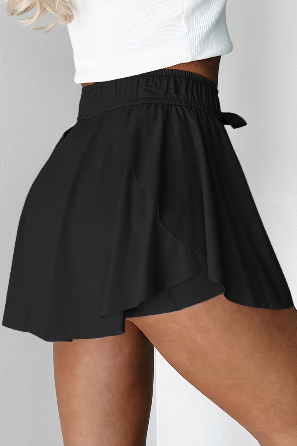 Black Drawstring High Waist Tennis Skorts