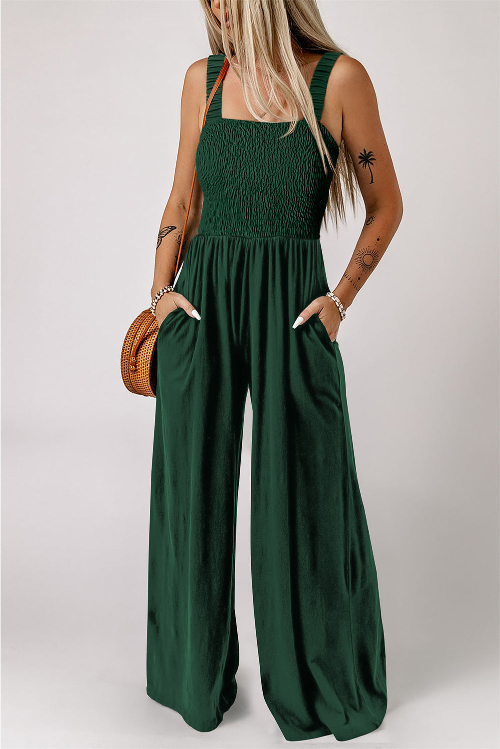 Green Smocked Wide Leg Jumpsuit