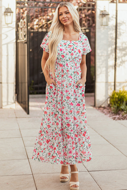 Pink Floral Puff Sleeve Maxi Dress