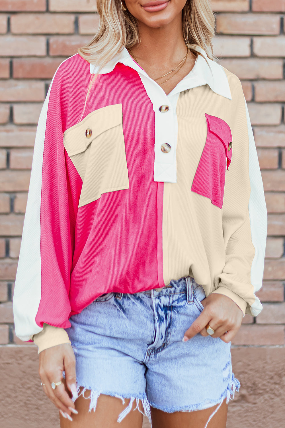 Rose Red Colorblock Oversized Sweatshirt