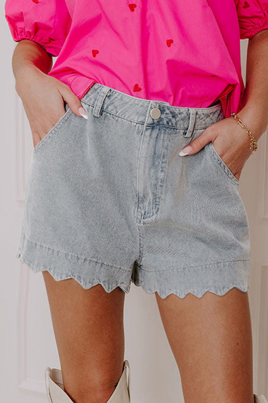 Dusk Blue Scalloped High Waist Denim Shorts