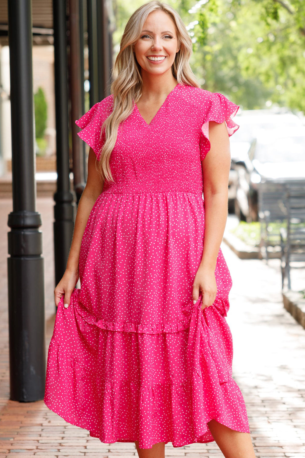 Rose Polka Dot Print Midi Dress