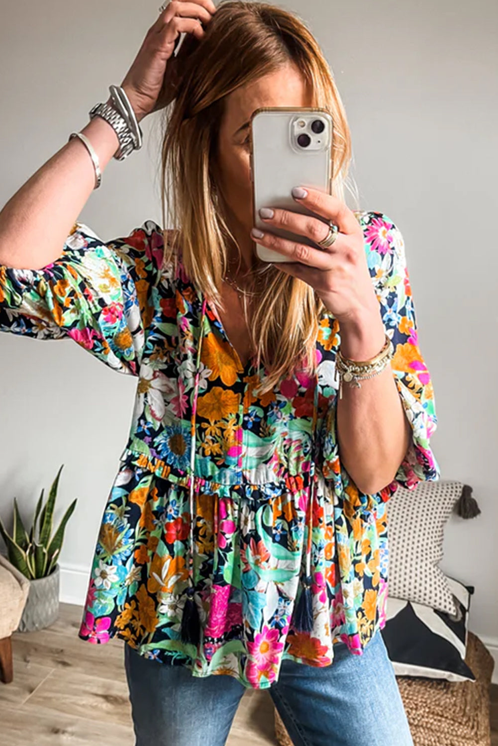 Multicolour Floral Print Ruffled Blouse