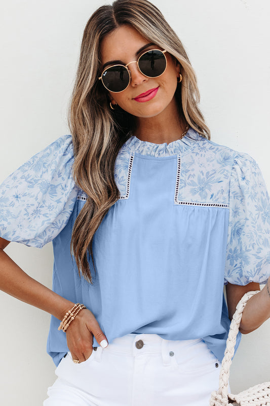 Blue Lace Floral Puff Blouse