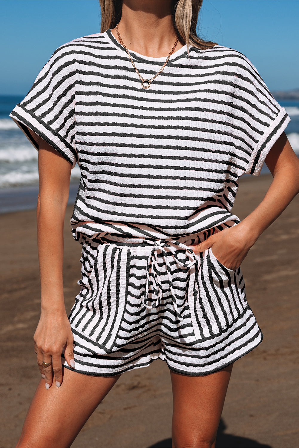 Black Stripe Top and Drawstring Shorts Set