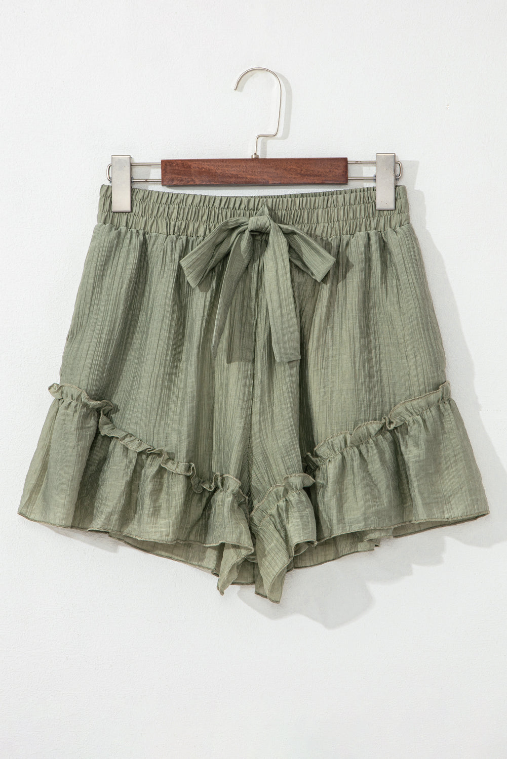 Green Textured Tie Waist Ruffle Shorts