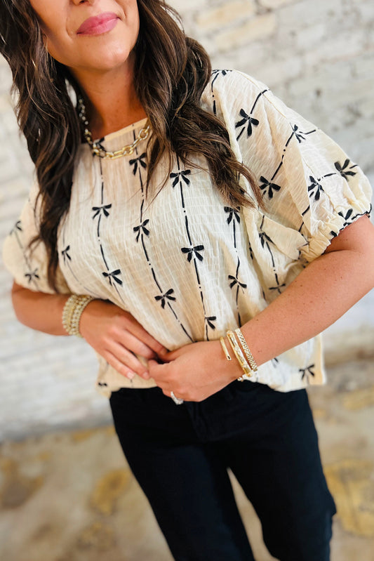 Beige Bow Print Top