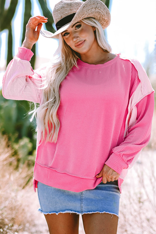 Pink Cable Knit Colorblock Sweatshirt