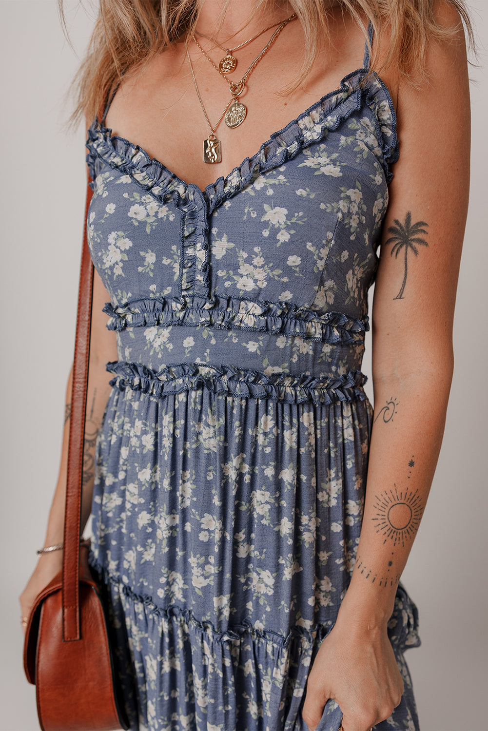 Blue Floral Spaghetti Strap Midi Dress