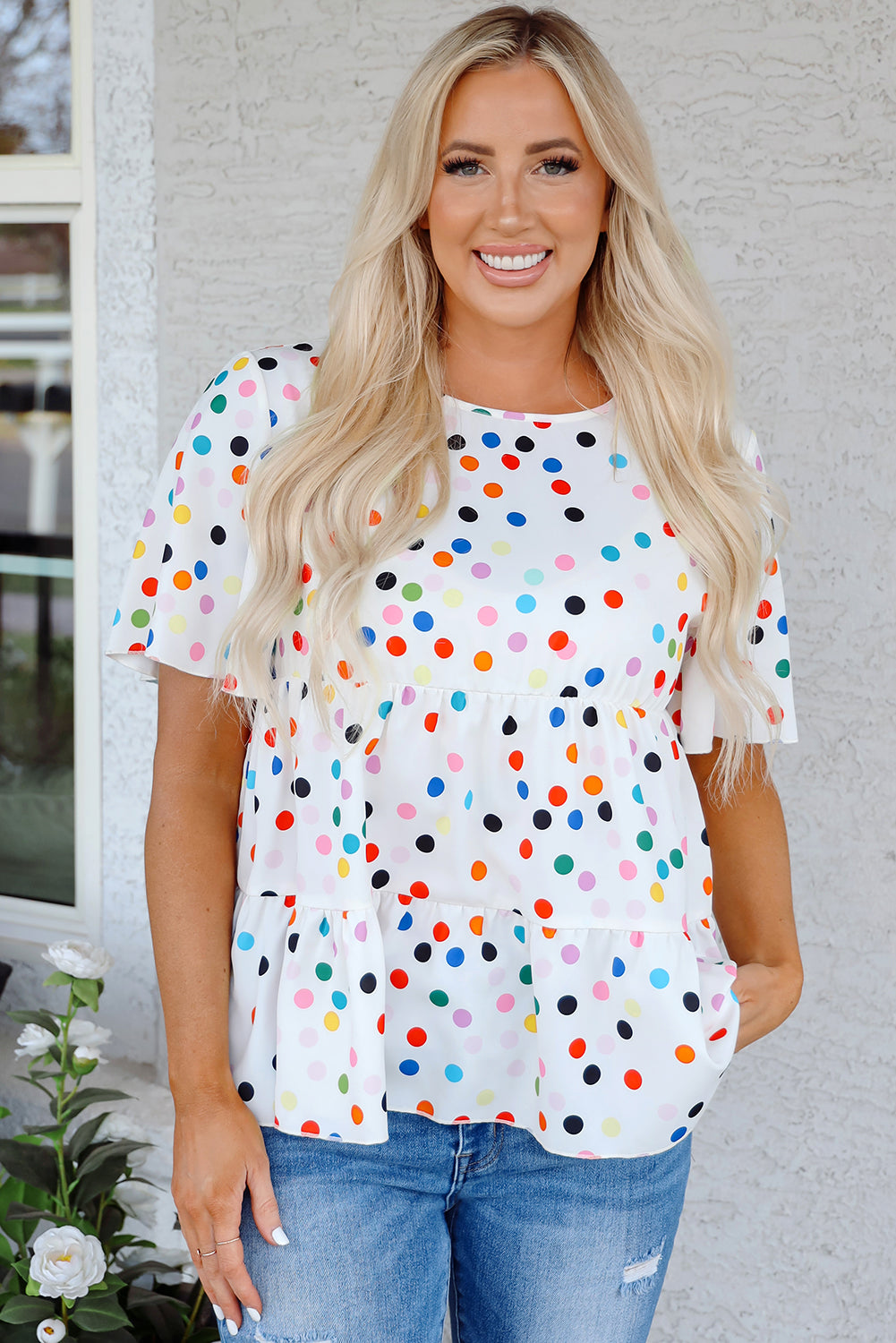 White Colorful Polka Dot Babydoll Blouse