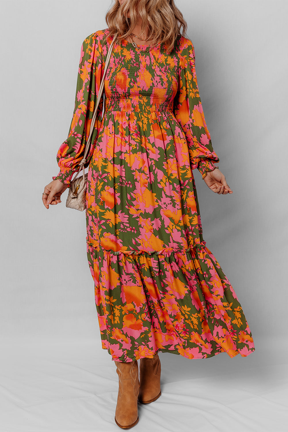 Orange Floral Puff Sleeve Dress