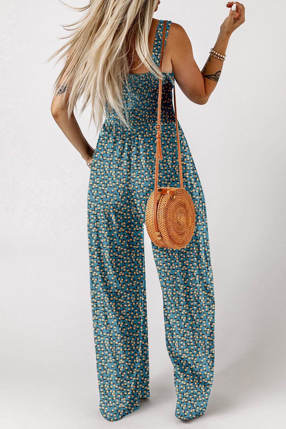 Green Floral Print Smocked Jumpsuit