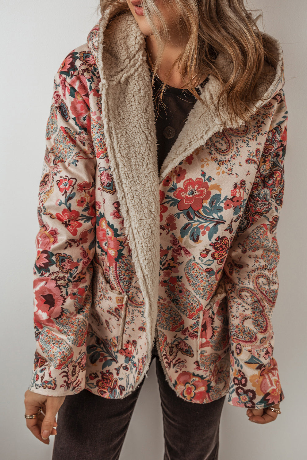 Beige Floral Sherpa Lined Hooded Jacket