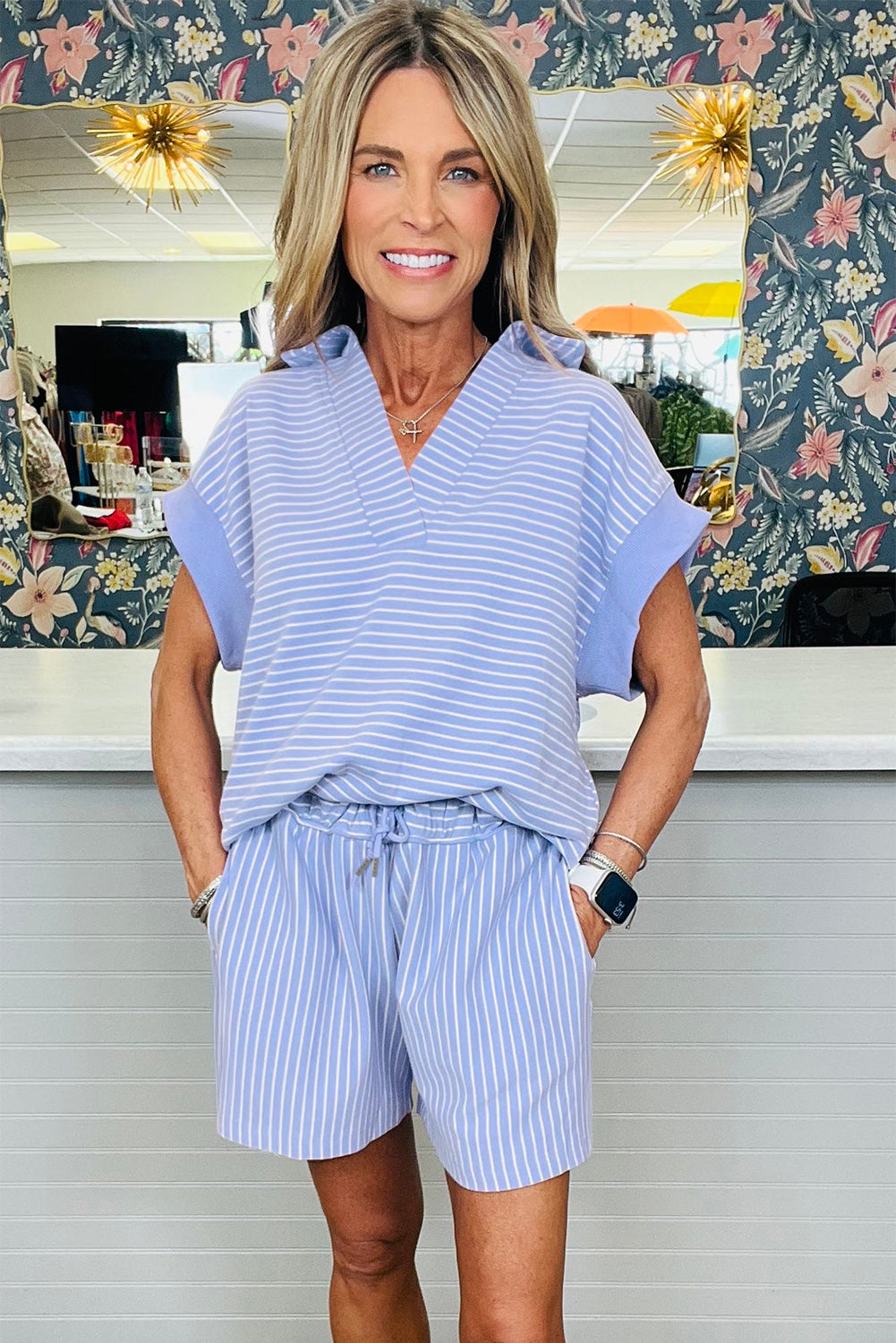 Sky Blue Stripe Shirt and Drawstring Shorts Set