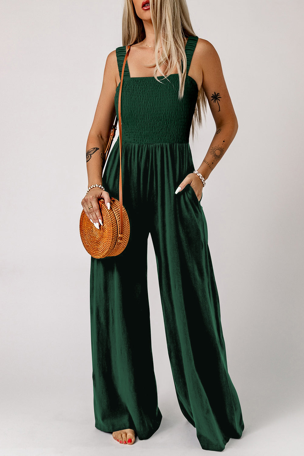 Green Smocked Wide Leg Jumpsuit
