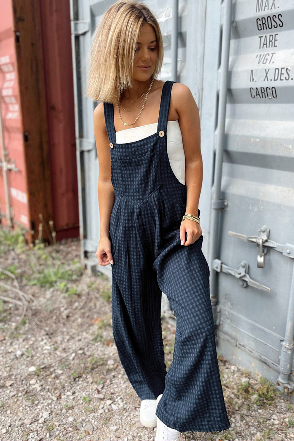 Blue Plaid Print High Waist Overall