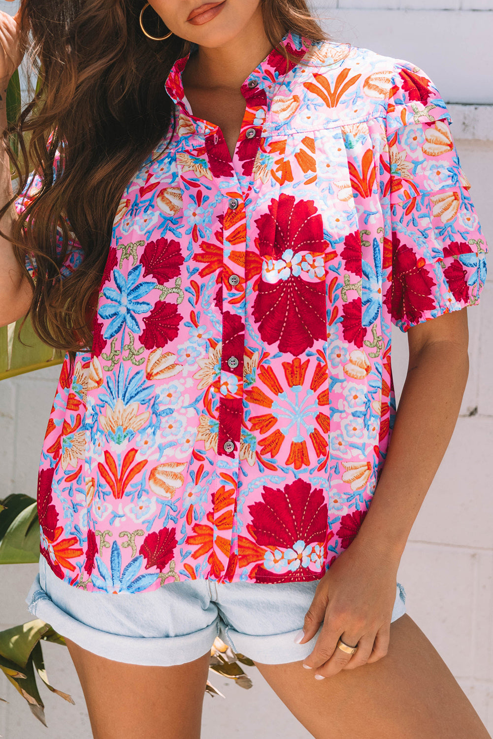 Pink Floral Print Pleated Shirt