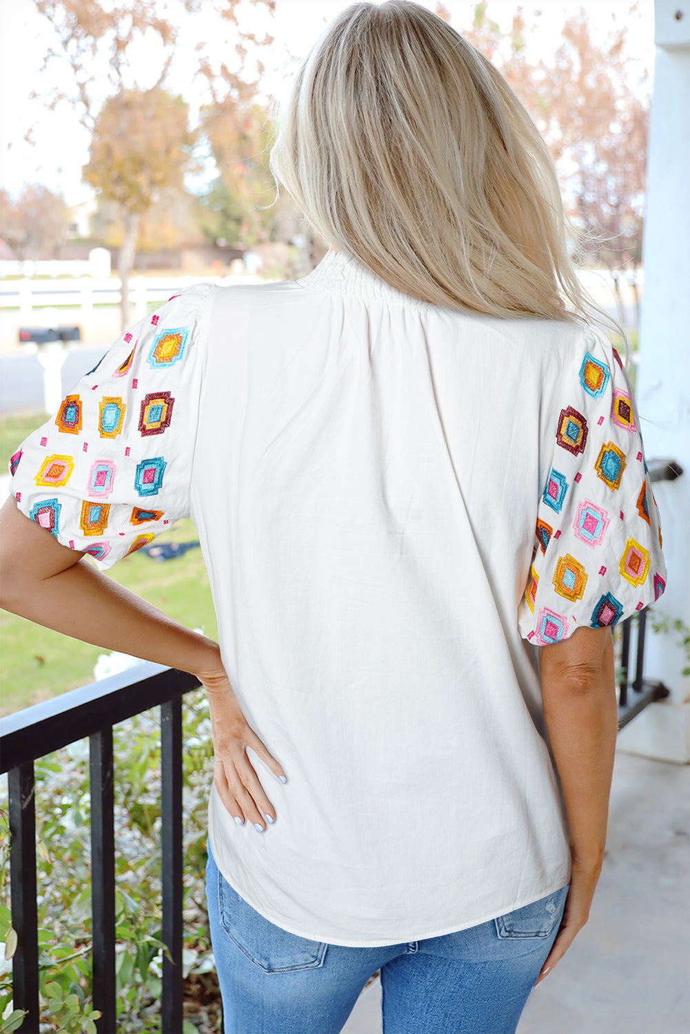 White Embroidered Puff Sleeve Top