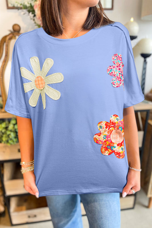 Sky Blue Flower Crew Neck Tee