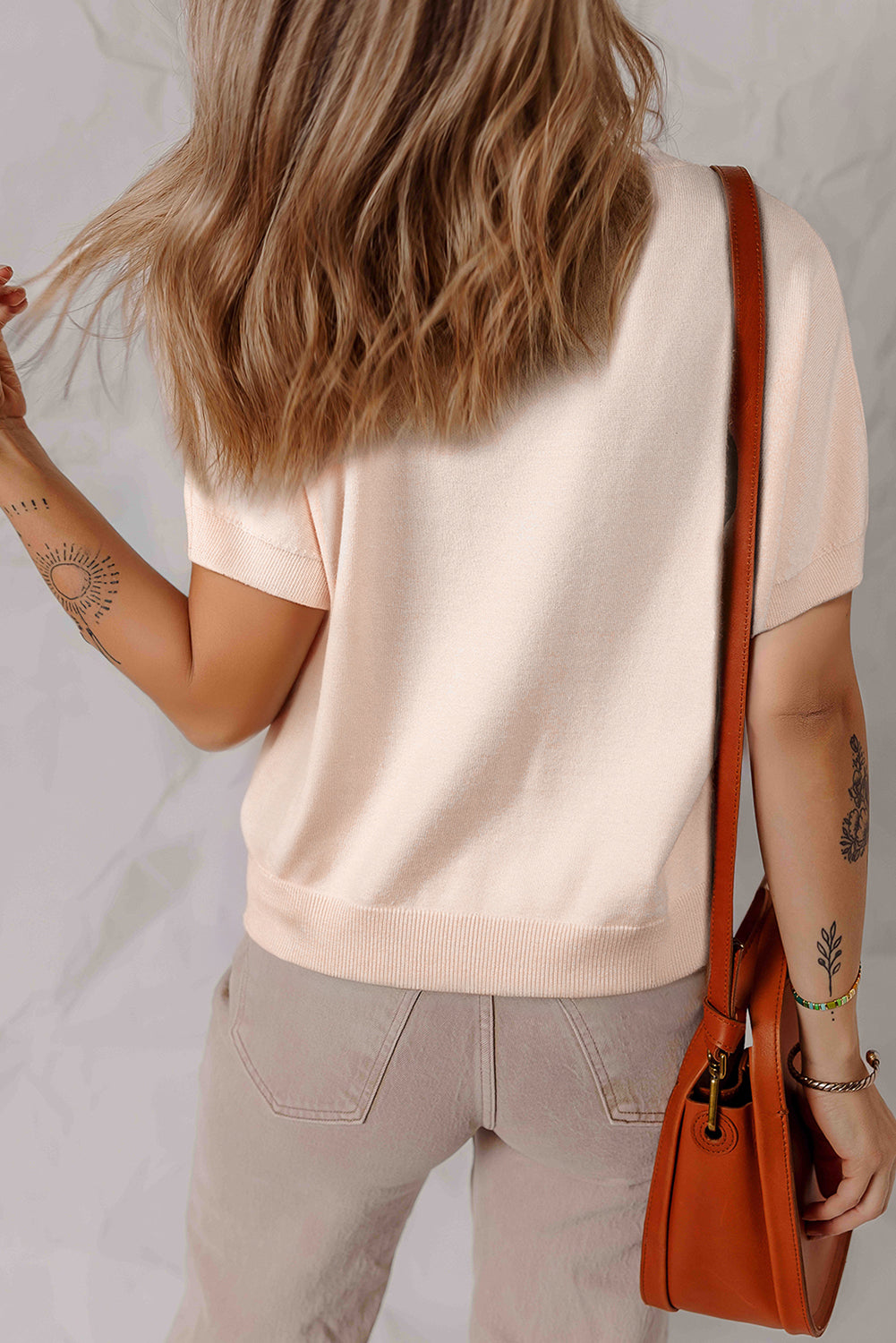 Oatmeal Pearl Bow Short Sleeve Sweater