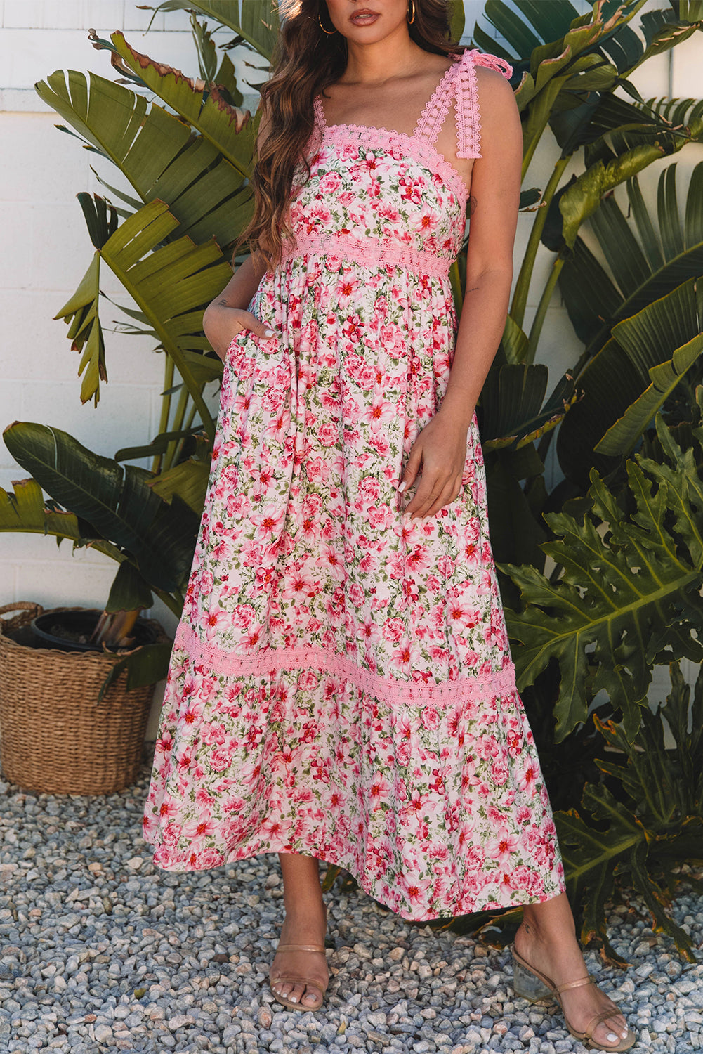 Pink Floral Lace Maxi Dress