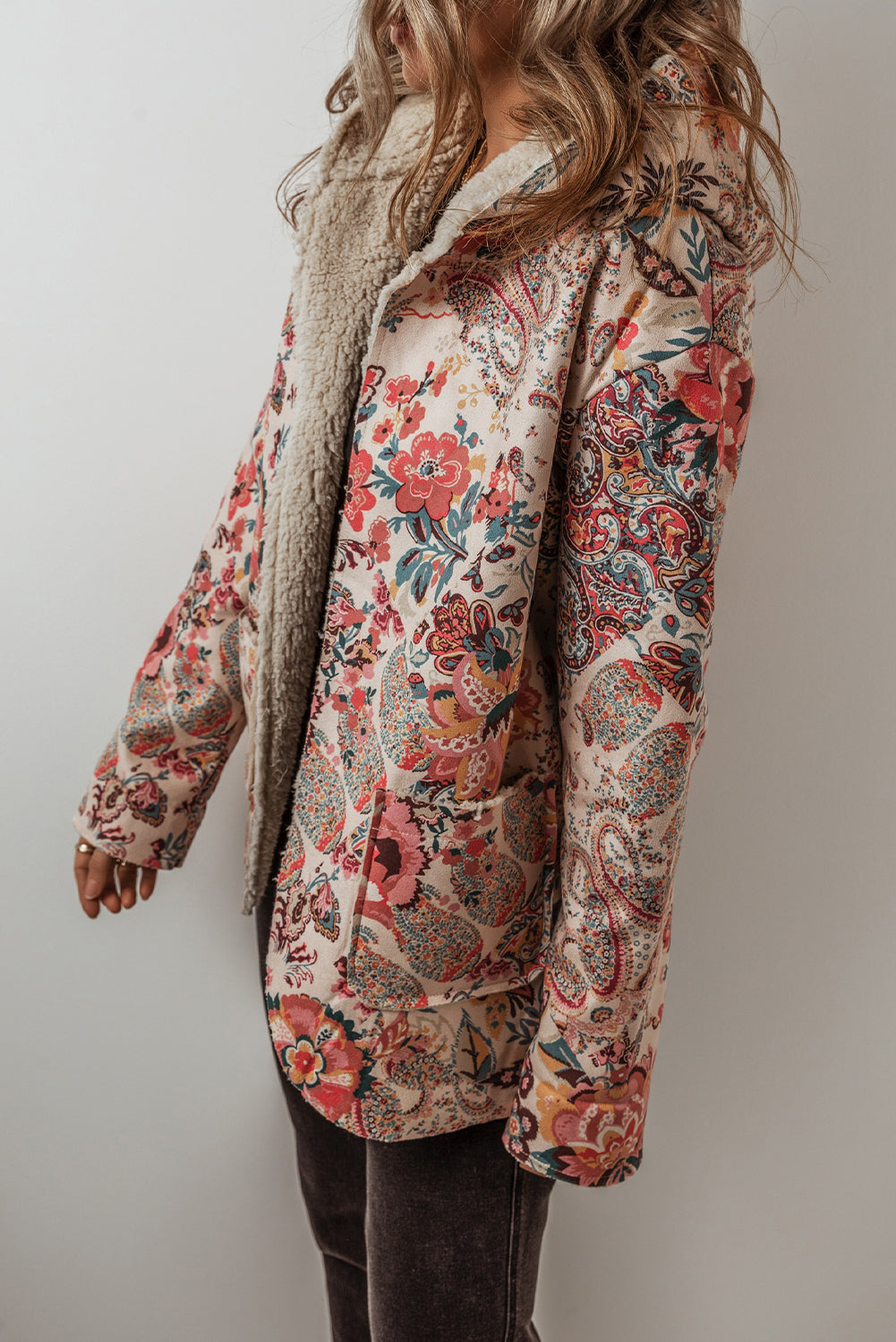 Beige Floral Sherpa Lined Hooded Jacket