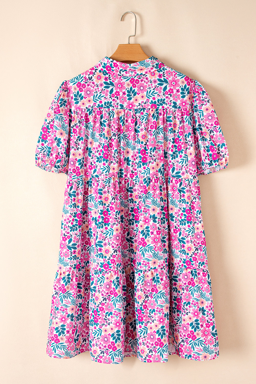 Pink Floral Short Puff Sleeve Dress