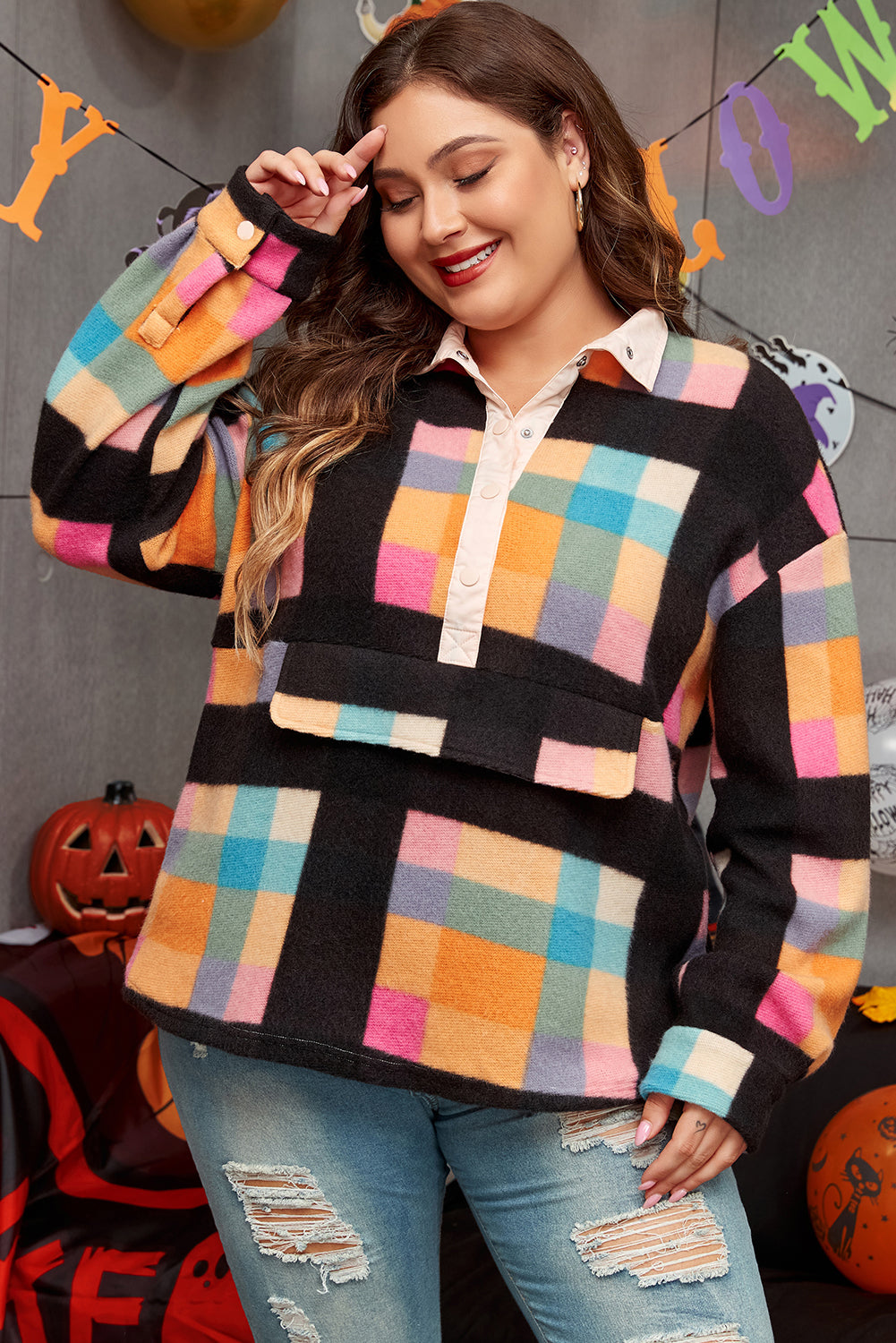 Black Checkered Print Sherpa Sweatshirt