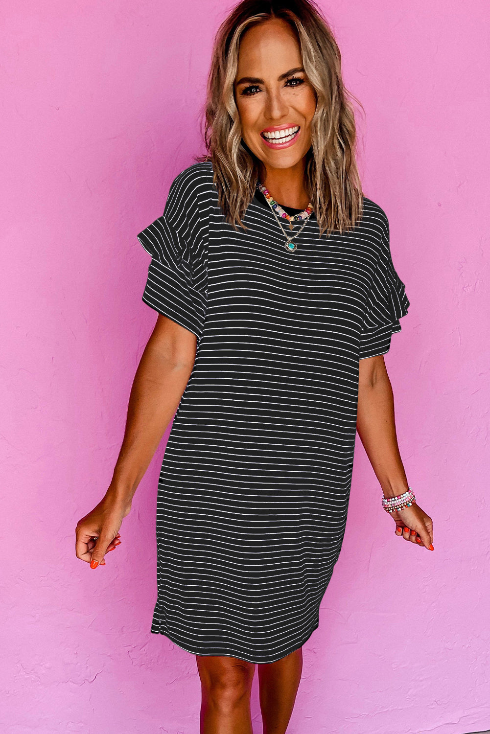 Black Stripe Ruffled Mini Dress