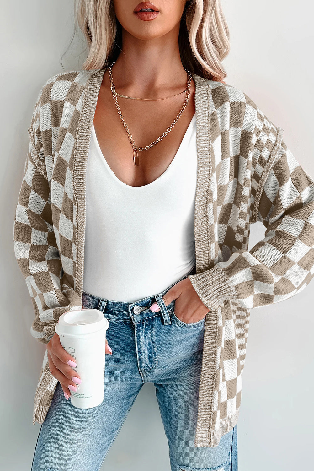 Brown Checkered Cardigan